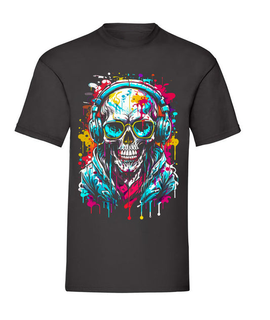 T-Shirt schwarz Totenkopf mit Kopfhörer