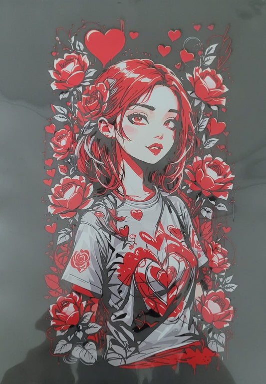 für schwarze T-Shirts Valentines Girl, red Roses and Hearts